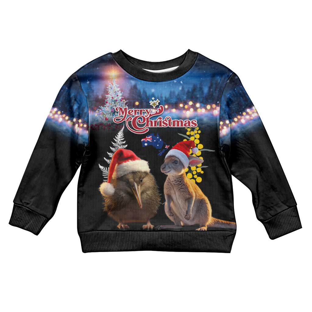 New Zealand and Australia Merry Christmas Kid Ugly Christmas Sweater Kiwi Bird and Kangaroo Xmas Vibe LT03 Kid Black - Polynesian Pride