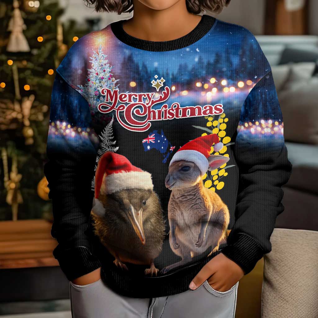 New Zealand and Australia Merry Christmas Kid Ugly Christmas Sweater Kiwi Bird and Kangaroo Xmas Vibe LT03 - Polynesian Pride