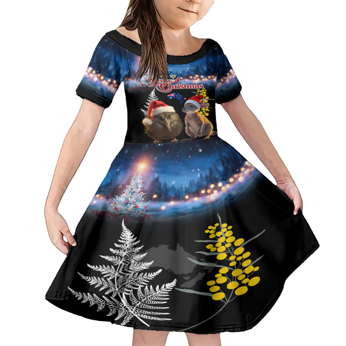 New Zealand and Australia Merry Christmas Kid Short Sleeve Dress Kiwi Bird and Kangaroo Xmas Vibe LT03 KID Black - Polynesian Pride