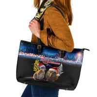 New Zealand and Australia Merry Christmas Leather Tote Bag Kiwi Bird and Kangaroo Xmas Vibe LT03 Black - Polynesian Pride