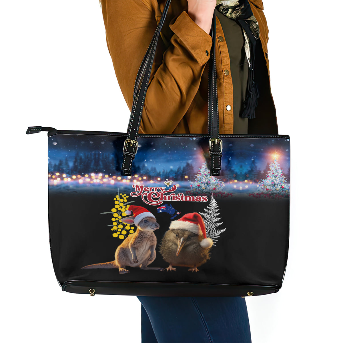 New Zealand and Australia Merry Christmas Leather Tote Bag Kiwi Bird and Kangaroo Xmas Vibe LT03 - Polynesian Pride