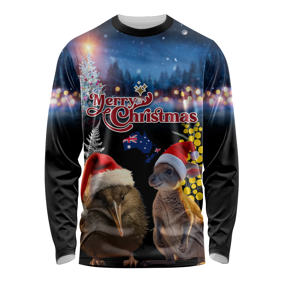 New Zealand and Australia Merry Christmas Long Sleeve Shirt Kiwi Bird and Kangaroo Xmas Vibe LT03 Unisex Black - Polynesian Pride
