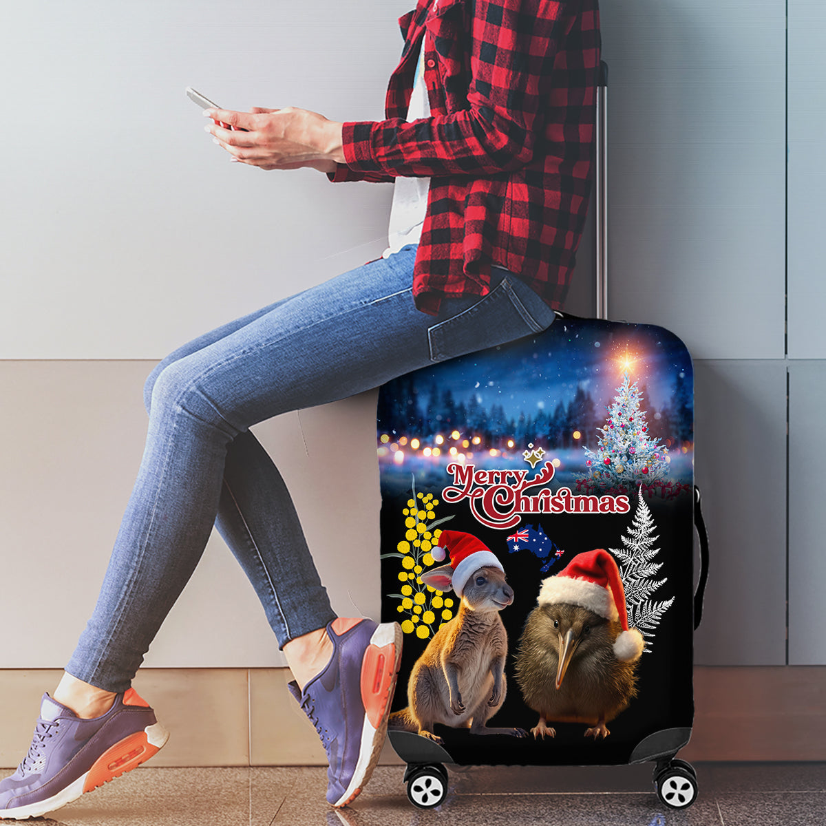 New Zealand and Australia Merry Christmas Luggage Cover Kiwi Bird and Kangaroo Xmas Vibe LT03 - Polynesian Pride