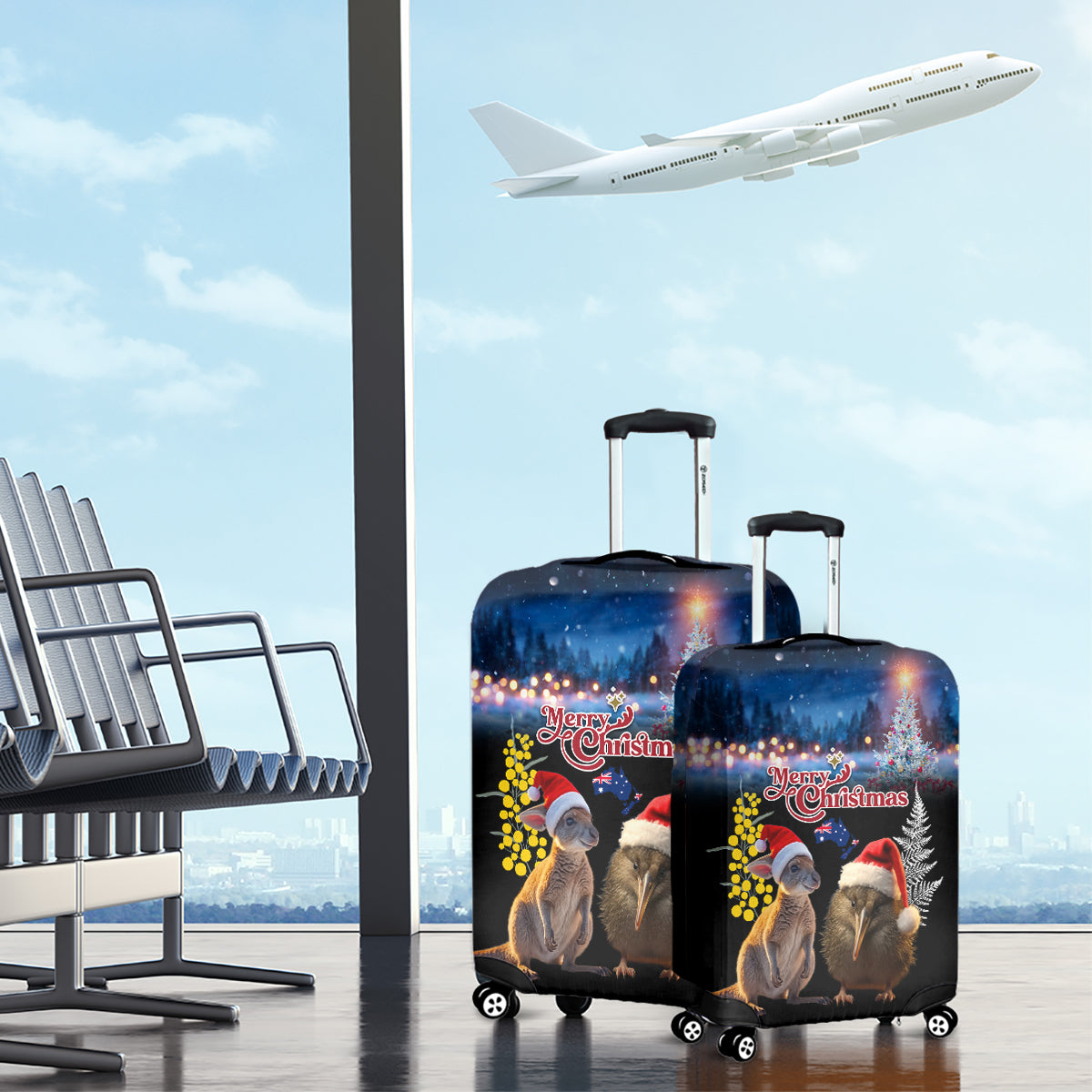 New Zealand and Australia Merry Christmas Luggage Cover Kiwi Bird and Kangaroo Xmas Vibe LT03 - Polynesian Pride
