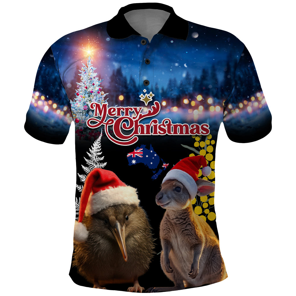 New Zealand and Australia Merry Christmas Polo Shirt Kiwi Bird and Kangaroo Xmas Vibe LT03 Black - Polynesian Pride
