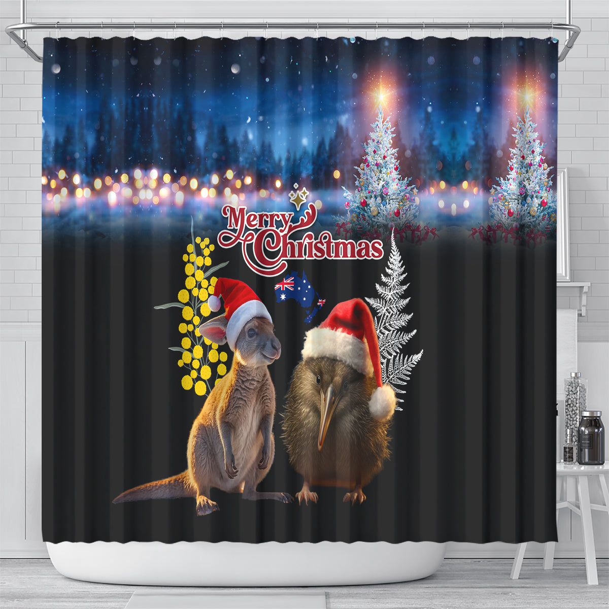 New Zealand and Australia Merry Christmas Shower Curtain Kiwi Bird and Kangaroo Xmas Vibe LT03 - Polynesian Pride