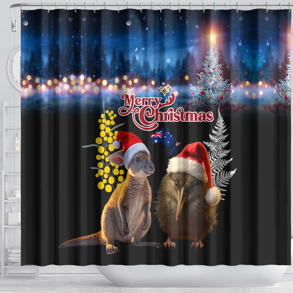 New Zealand and Australia Merry Christmas Shower Curtain Kiwi Bird and Kangaroo Xmas Vibe LT03 - Polynesian Pride