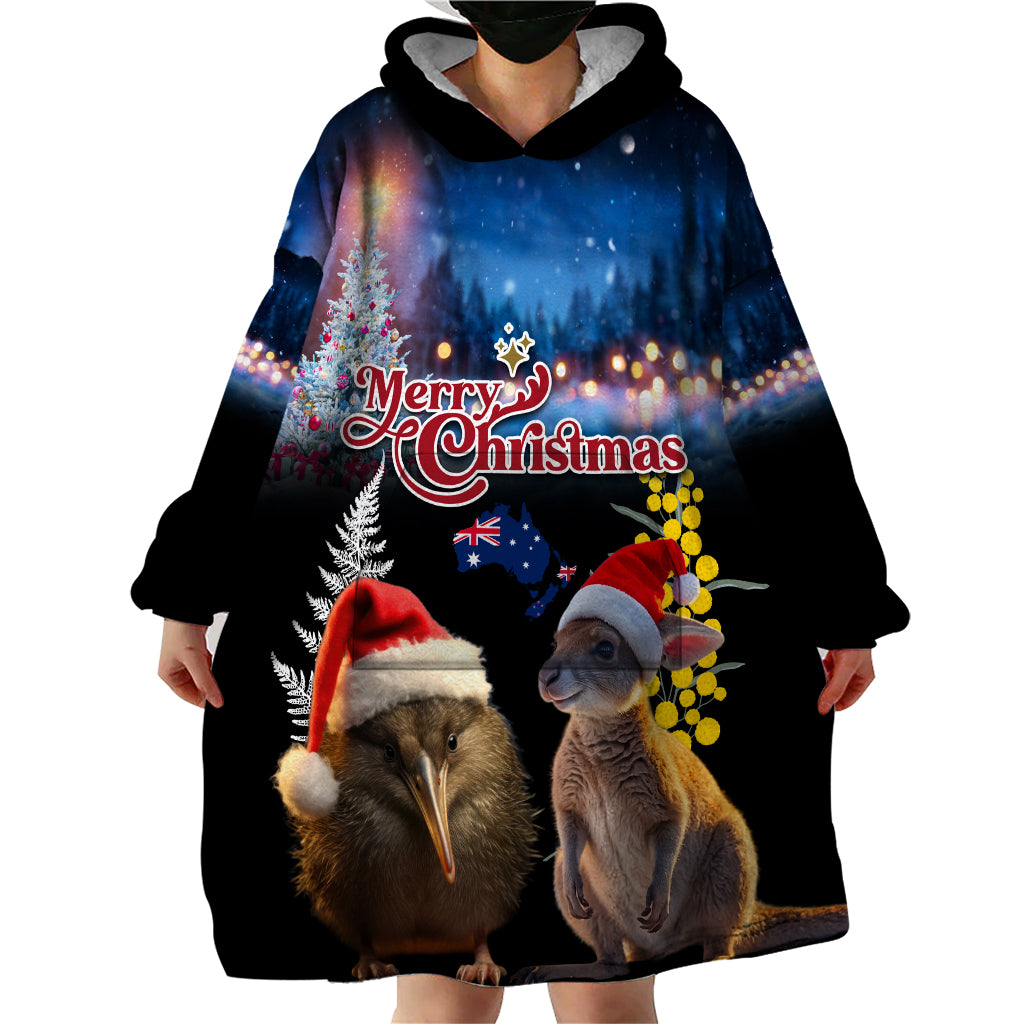 New Zealand and Australia Merry Christmas Wearable Blanket Hoodie Kiwi Bird and Kangaroo Xmas Vibe LT03 - Polynesian Pride