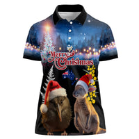 New Zealand and Australia Merry Christmas Women Polo Shirt Kiwi Bird and Kangaroo Xmas Vibe LT03 Female Black - Polynesian Pride