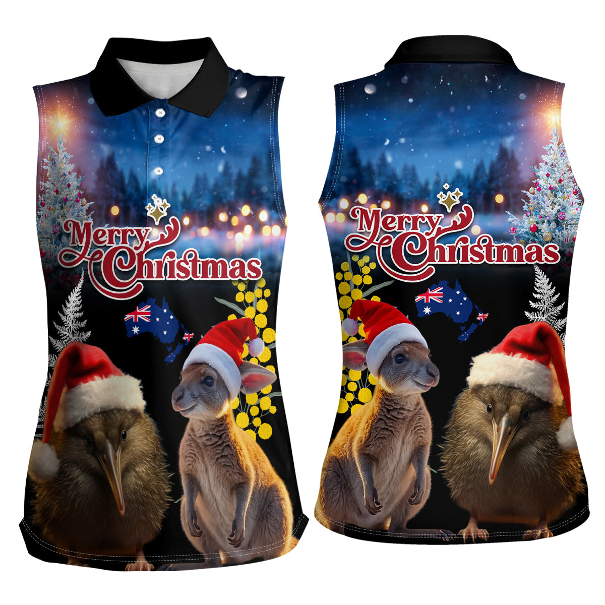 New Zealand and Australia Merry Christmas Women Sleeveless Polo Shirt Kiwi Bird and Kangaroo Xmas Vibe LT03 - Polynesian Pride
