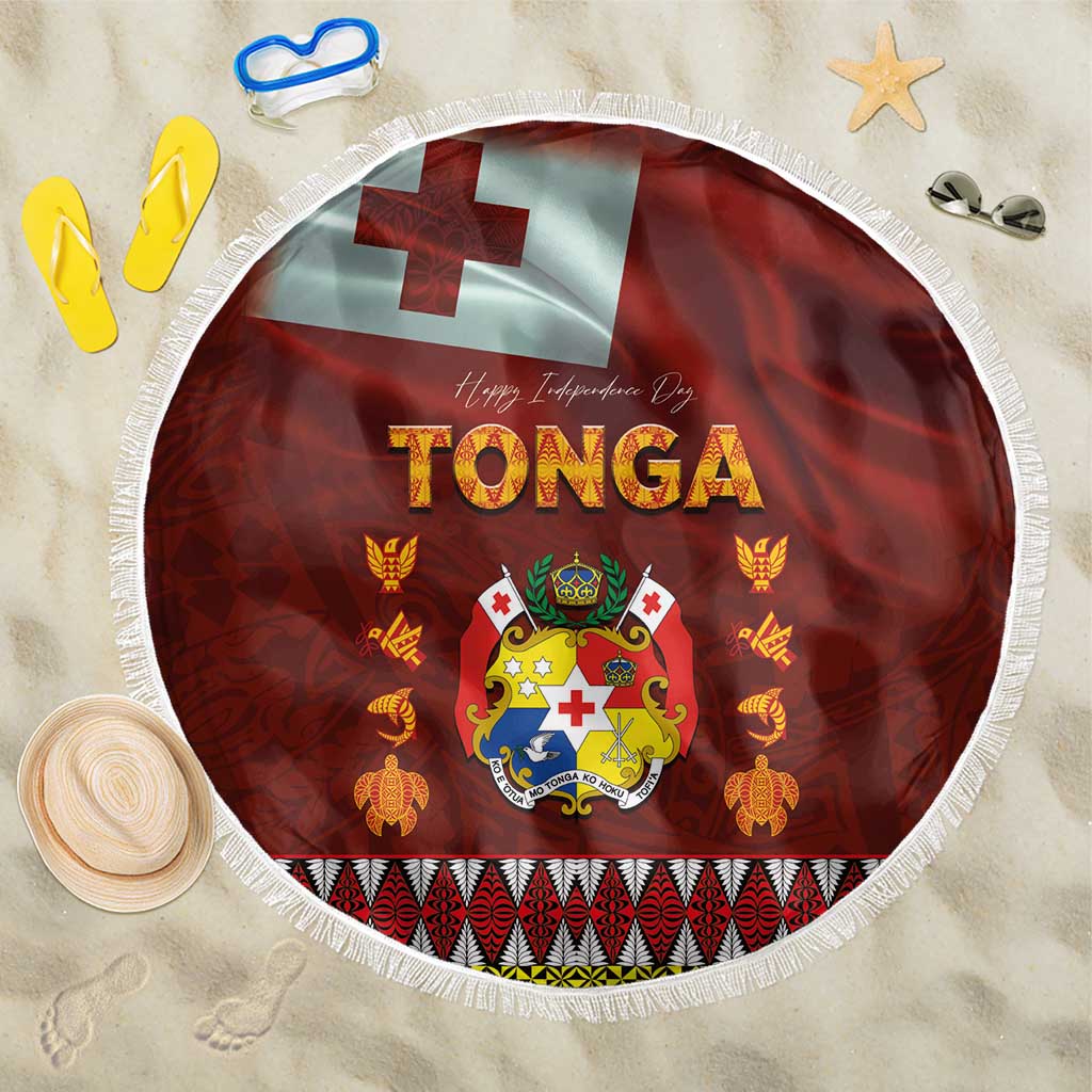 Tonga Independence Day Beach Blanket National Flag and Emblem with Ngatu Art Pattern