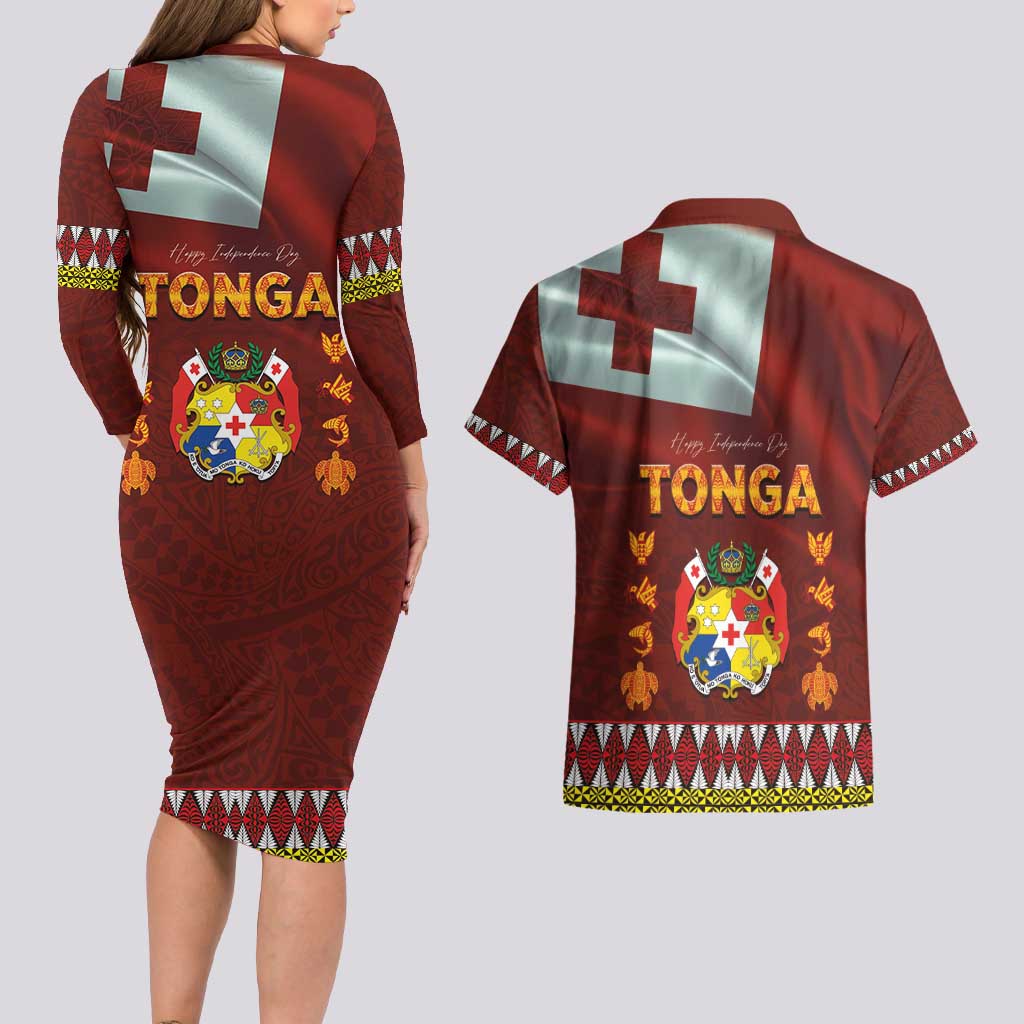 Tonga Independence Day Couples Matching Long Sleeve Bodycon Dress and Hawaiian Shirt National Flag and Emblem with Ngatu Art Pattern