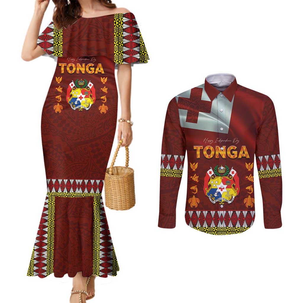 Tonga Independence Day Couples Matching Mermaid Dress and Long Sleeve Button Shirt National Flag and Emblem with Ngatu Art Pattern