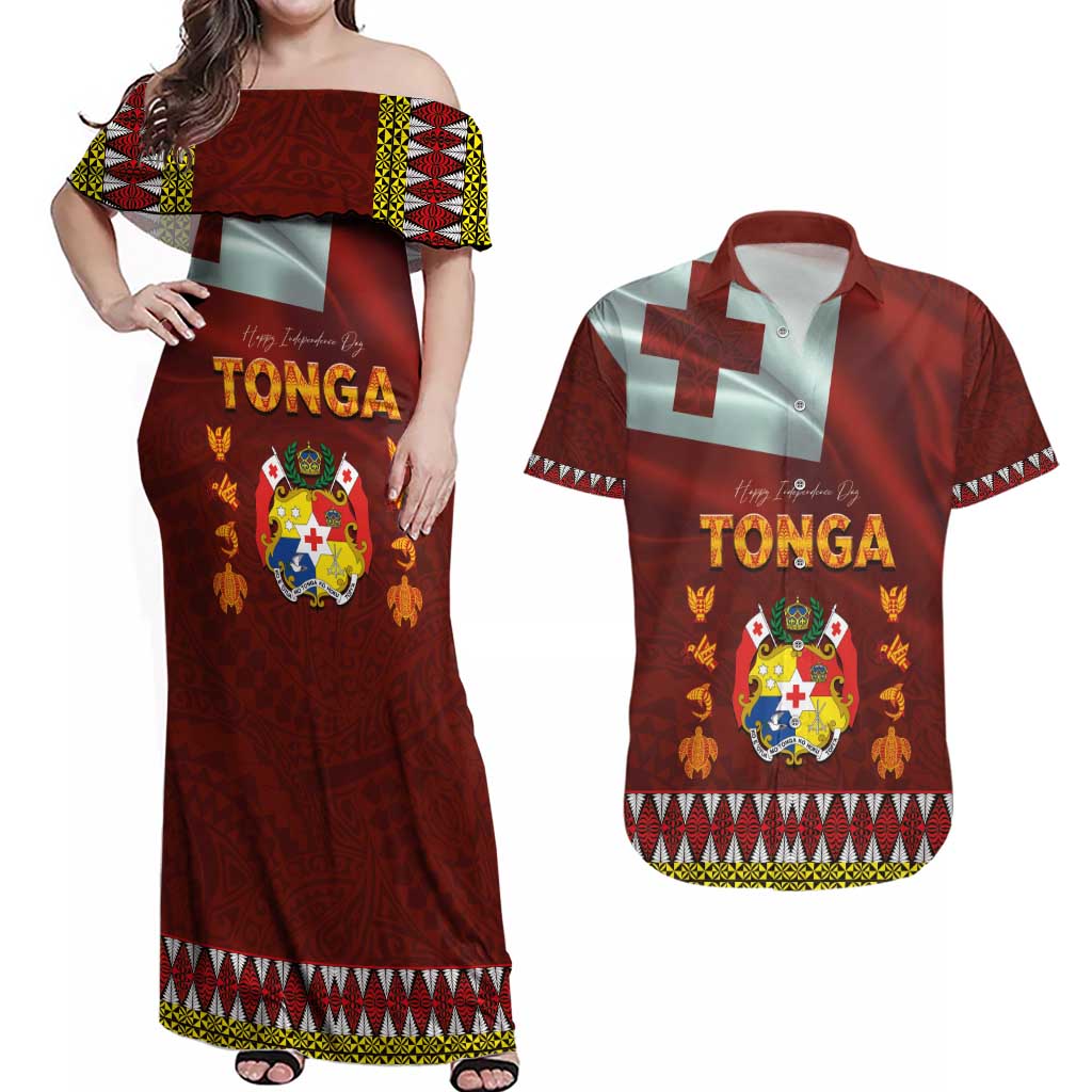 Tonga Independence Day Couples Matching Off Shoulder Maxi Dress and Hawaiian Shirt National Flag and Emblem with Ngatu Art Pattern