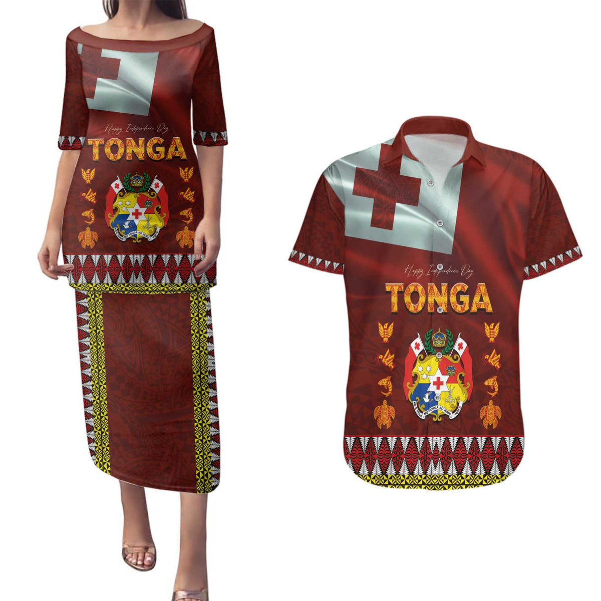 Tonga Independence Day Couples Matching Puletasi and Hawaiian Shirt National Flag and Emblem with Ngatu Art Pattern