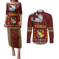 Tonga Independence Day Couples Matching Puletasi and Long Sleeve Button Shirt National Flag and Emblem with Ngatu Art Pattern