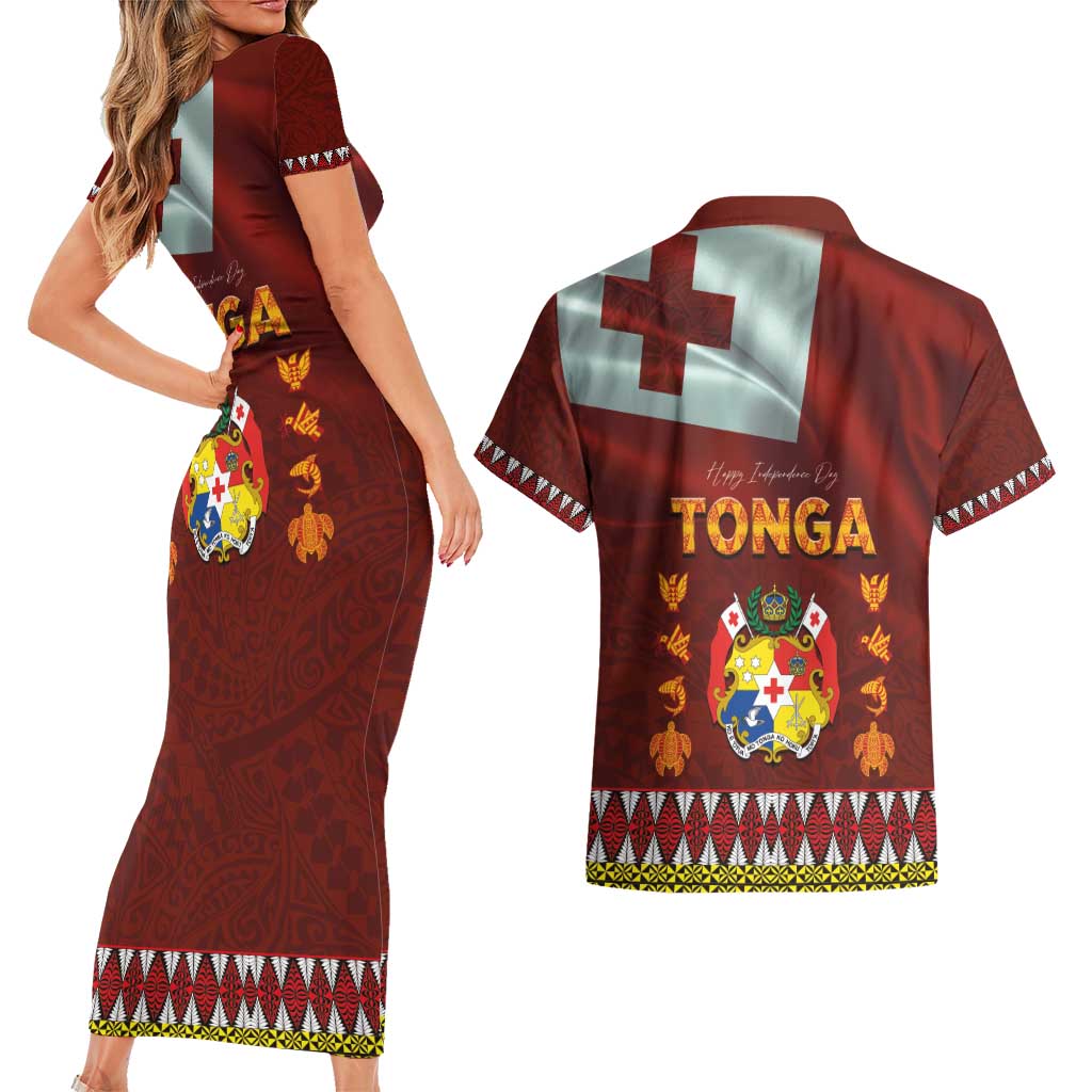 Tonga Independence Day Couples Matching Short Sleeve Bodycon Dress and Hawaiian Shirt National Flag and Emblem with Ngatu Art Pattern