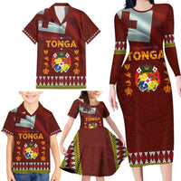 Tonga Independence Day Family Matching Long Sleeve Bodycon Dress and Hawaiian Shirt National Flag and Emblem with Ngatu Art Pattern LT03 - Polynesian Pride