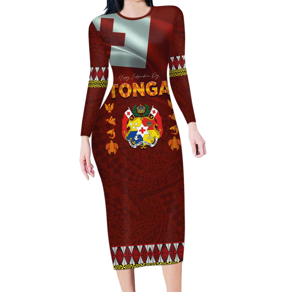 Tonga Independence Day Family Matching Long Sleeve Bodycon Dress and Hawaiian Shirt National Flag and Emblem with Ngatu Art Pattern LT03 Mom's Dress Red - Polynesian Pride