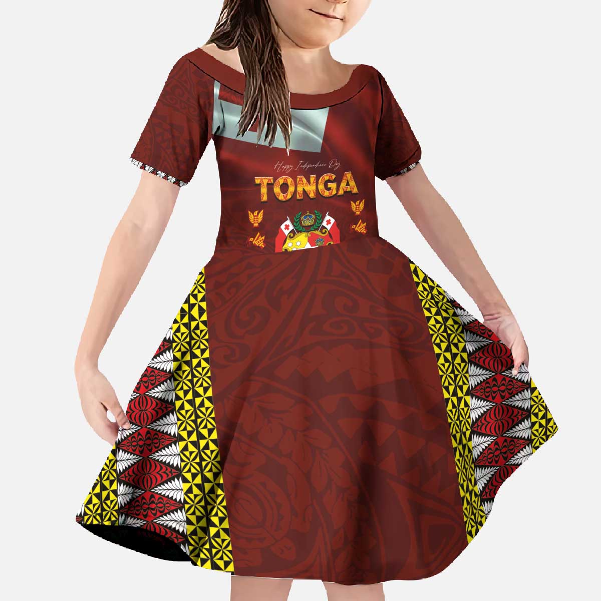 Tonga Independence Day Family Matching Off The Shoulder Long Sleeve Dress and Hawaiian Shirt National Flag and Emblem with Ngatu Art Pattern