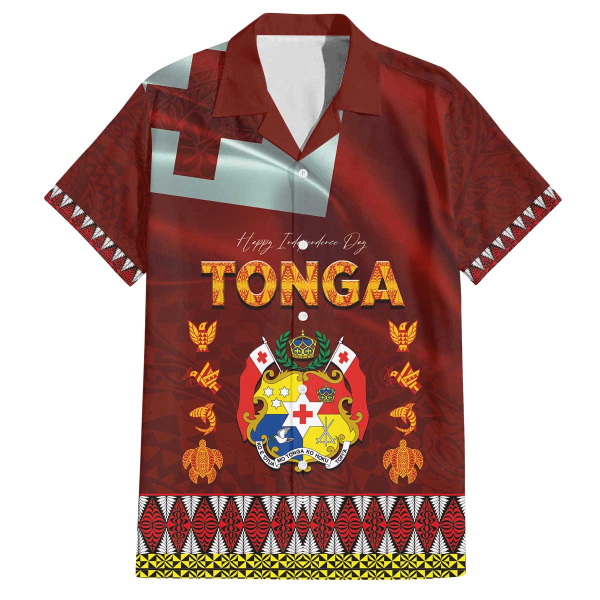 Tonga Independence Day Family Matching Off The Shoulder Long Sleeve Dress and Hawaiian Shirt National Flag and Emblem with Ngatu Art Pattern