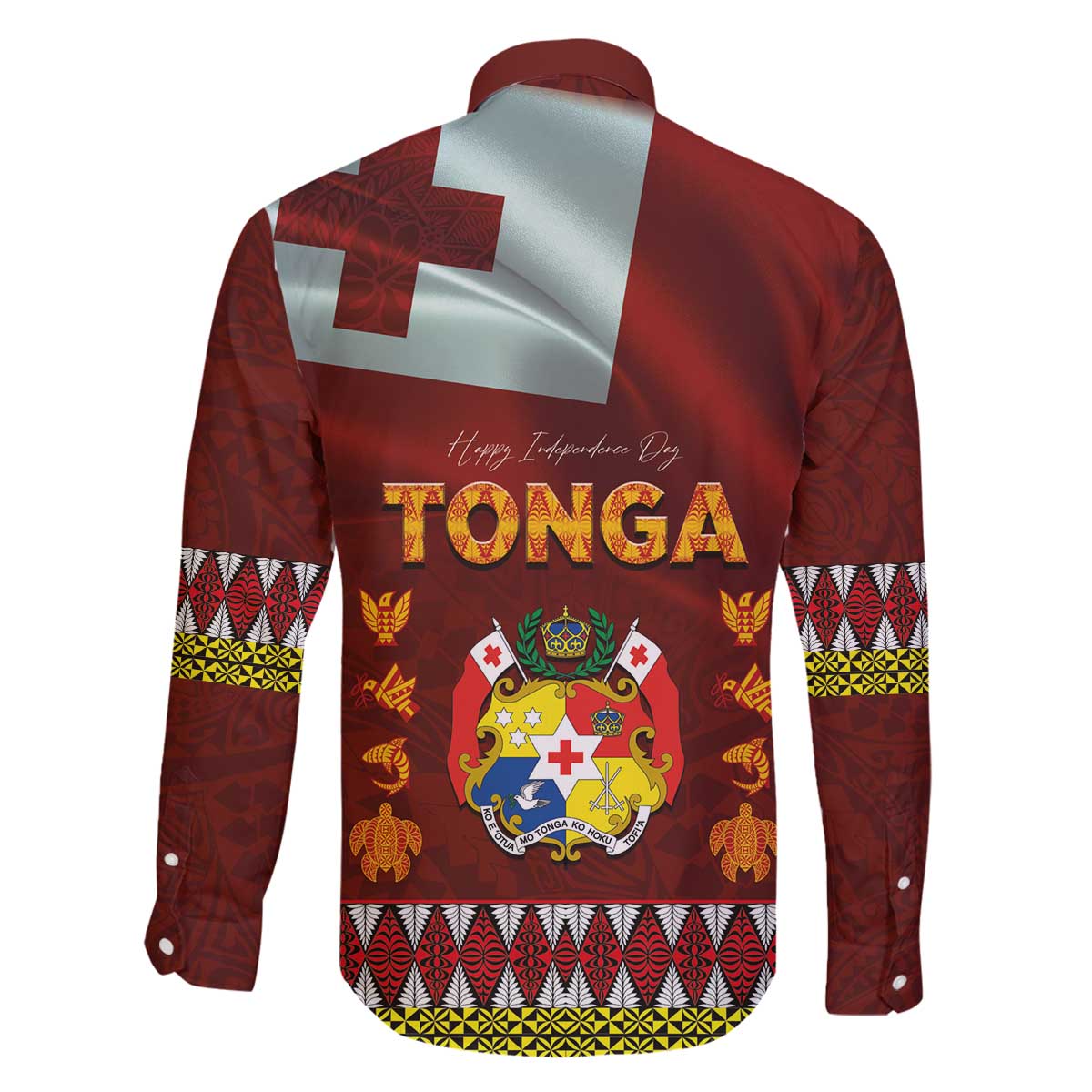 Tonga Independence Day Family Matching Off The Shoulder Long Sleeve Dress and Hawaiian Shirt National Flag and Emblem with Ngatu Art Pattern