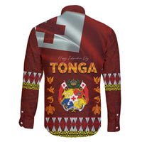 Tonga Independence Day Family Matching Off The Shoulder Long Sleeve Dress and Hawaiian Shirt National Flag and Emblem with Ngatu Art Pattern