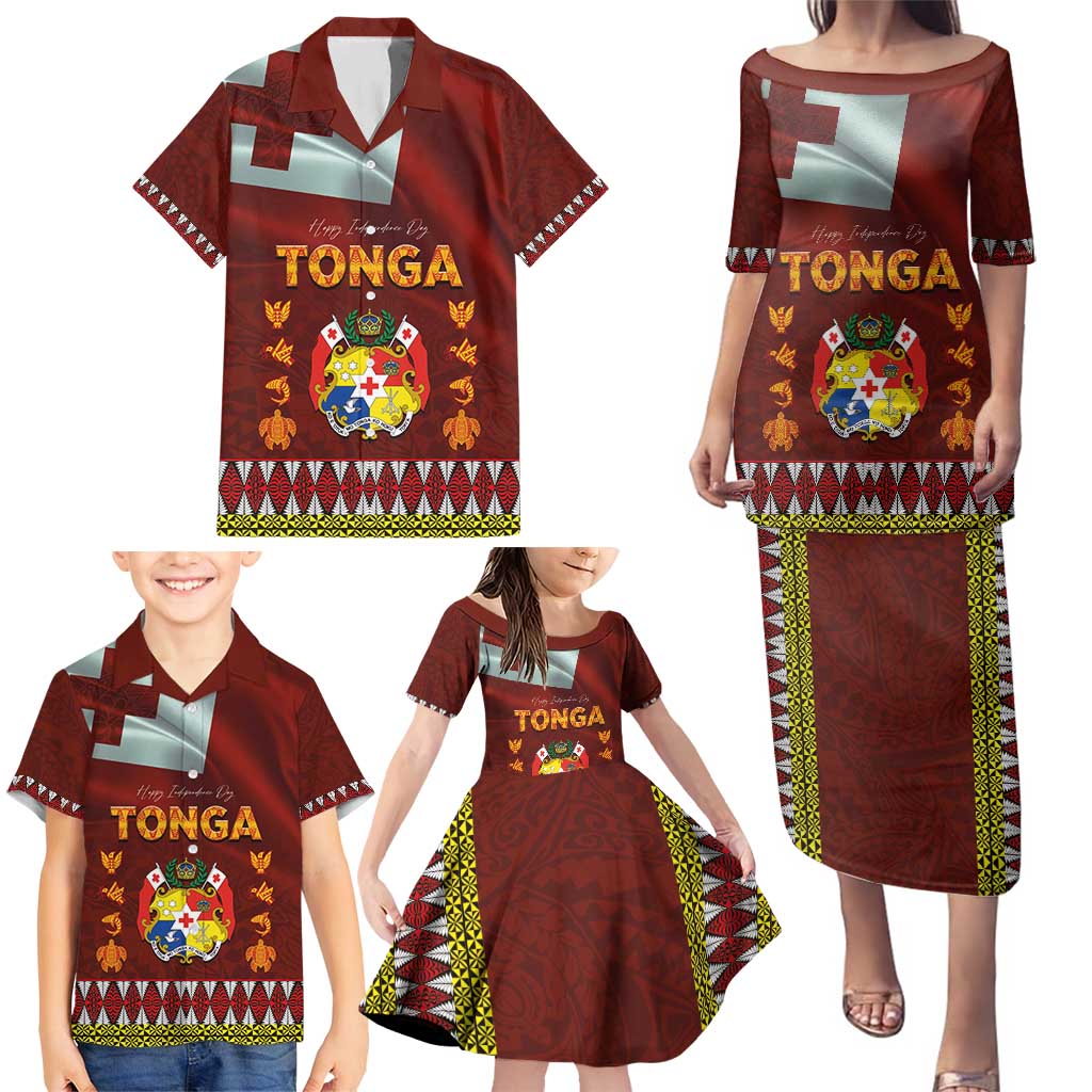 Tonga Independence Day Family Matching Puletasi and Hawaiian Shirt National Flag and Emblem with Ngatu Art Pattern