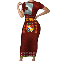Tonga Independence Day Family Matching Short Sleeve Bodycon Dress and Hawaiian Shirt National Flag and Emblem with Ngatu Art Pattern LT03 Mom's Dress Red - Polynesian Pride