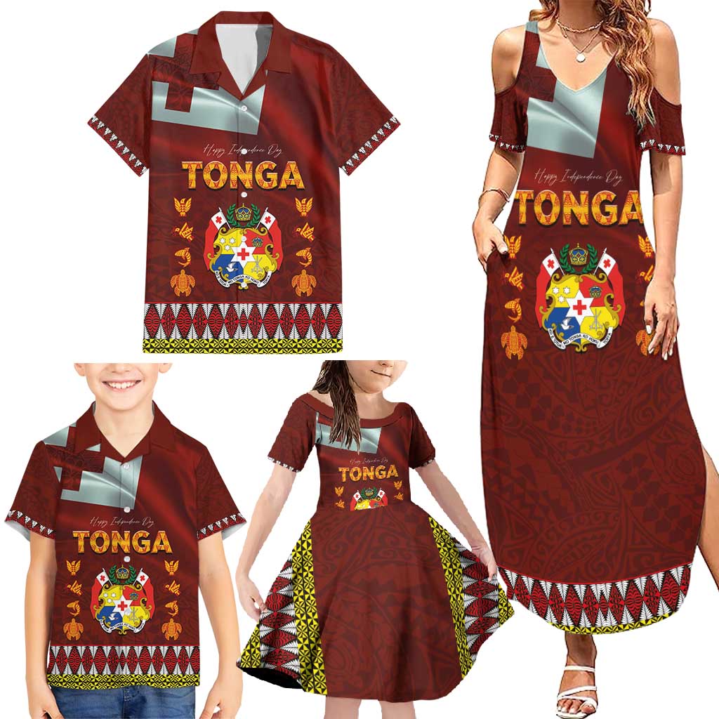 Tonga Independence Day Family Matching Summer Maxi Dress and Hawaiian Shirt National Flag and Emblem with Ngatu Art Pattern