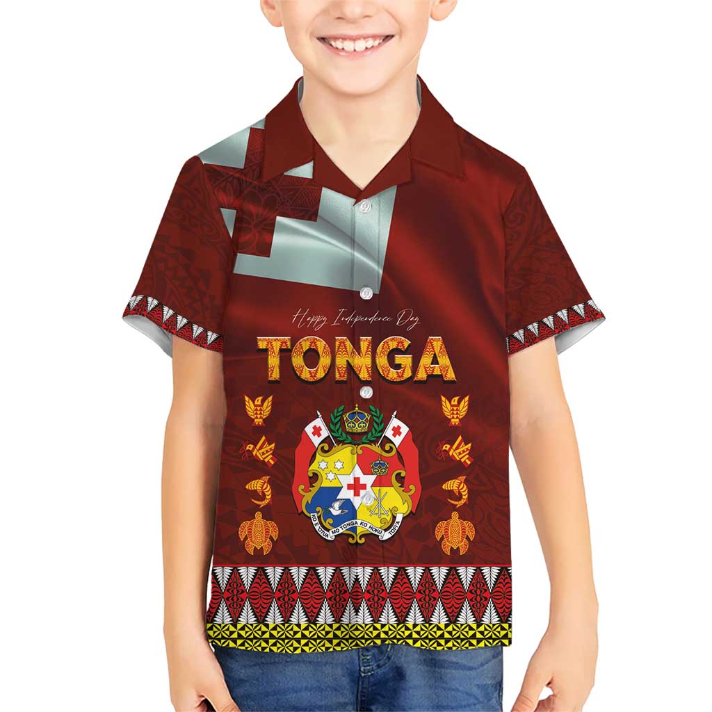Tonga Independence Day Kid Hawaiian Shirt National Flag and Emblem with Ngatu Art Pattern