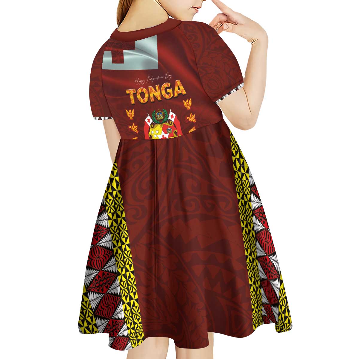 Tonga Independence Day Kid Short Sleeve Dress National Flag and Emblem with Ngatu Art Pattern