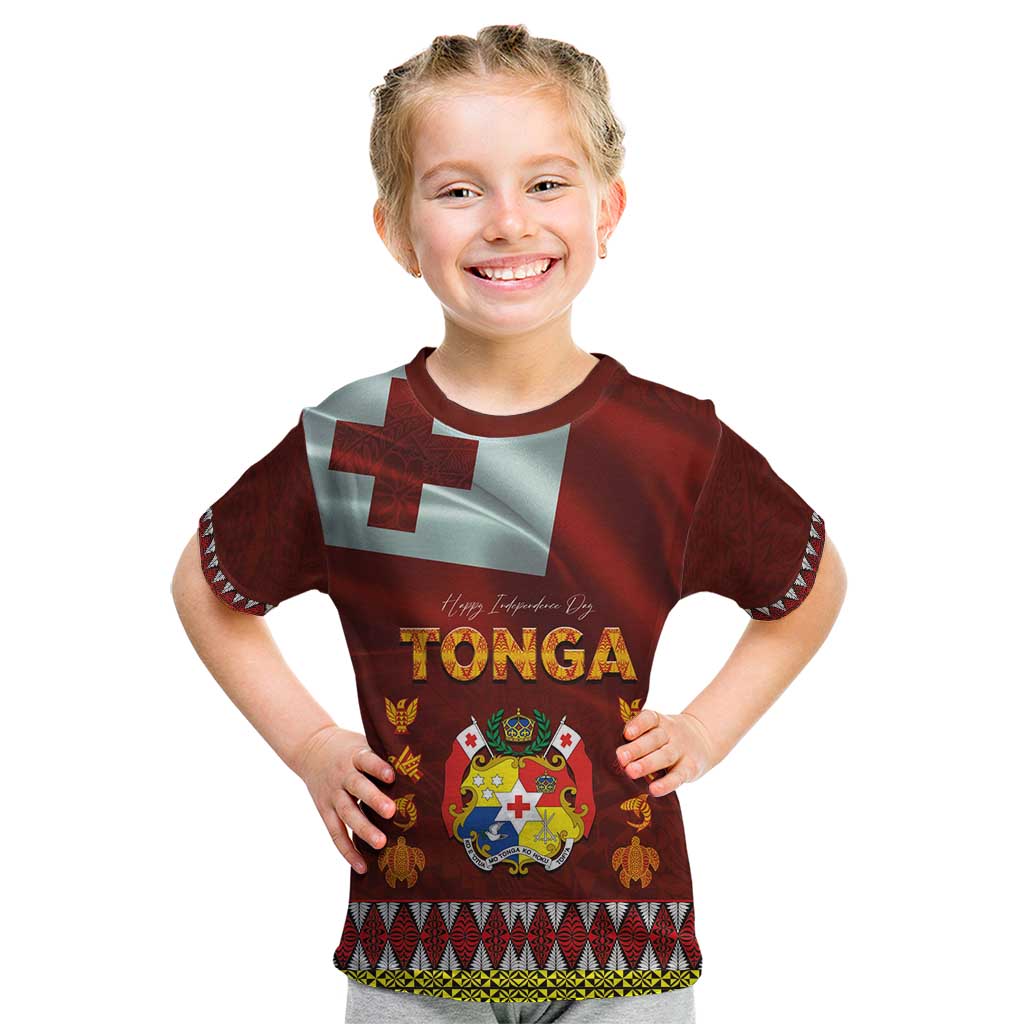 Tonga Independence Day Kid T Shirt National Flag and Emblem with Ngatu Art Pattern