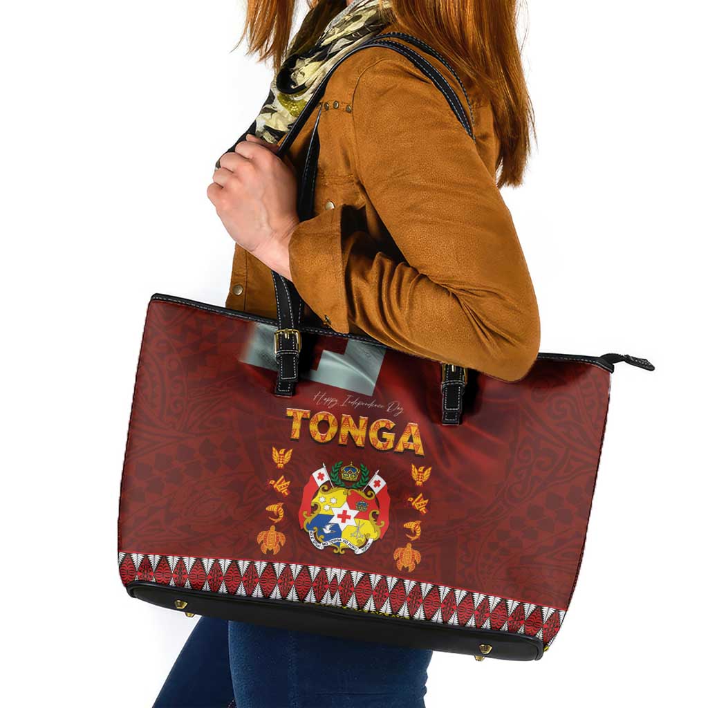 Tonga Independence Day Leather Tote Bag National Flag and Emblem with Ngatu Art Pattern