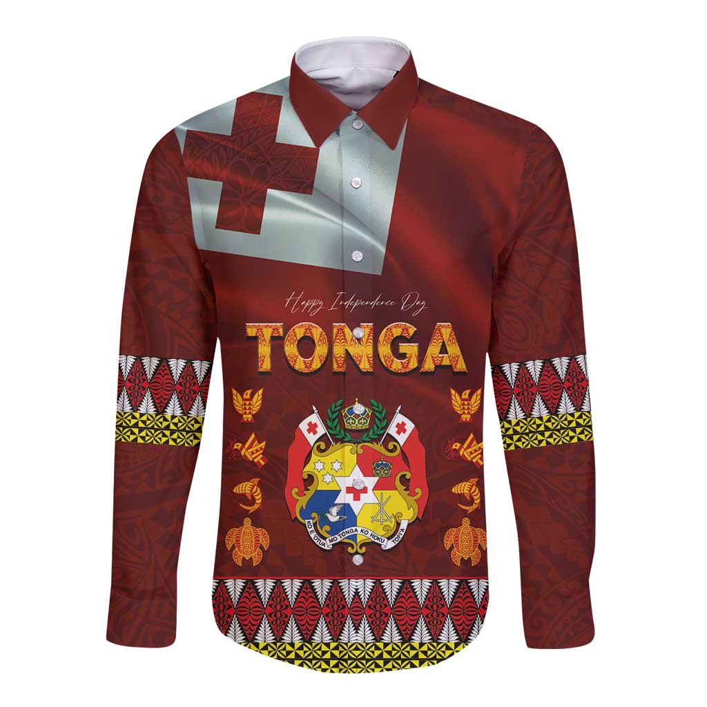 Tonga Independence Day Long Sleeve Button Shirt National Flag and Emblem with Ngatu Art Pattern