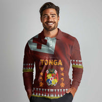 Tonga Independence Day Long Sleeve Polo Shirt National Flag and Emblem with Ngatu Art Pattern