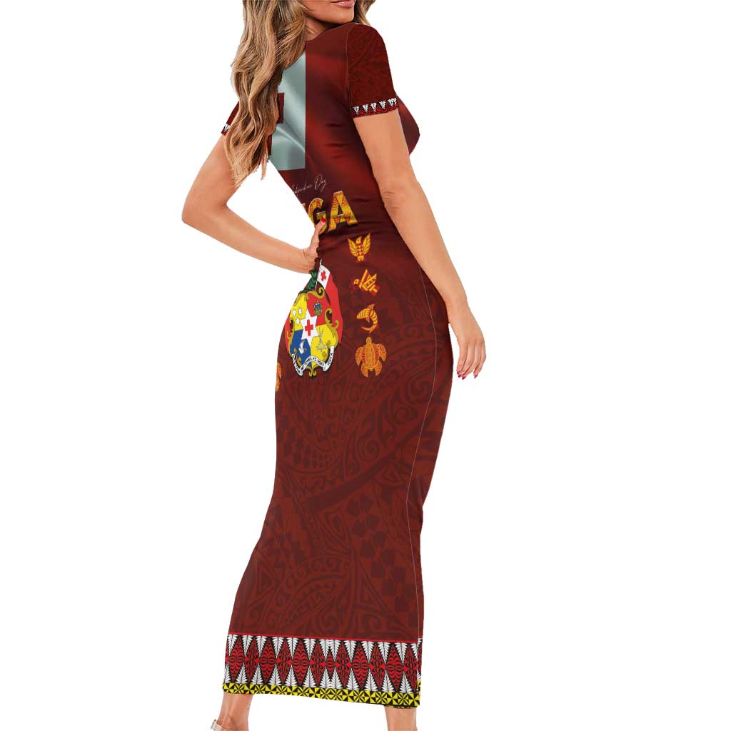 Tonga Independence Day Short Sleeve Bodycon Dress National Flag and Emblem with Ngatu Art Pattern