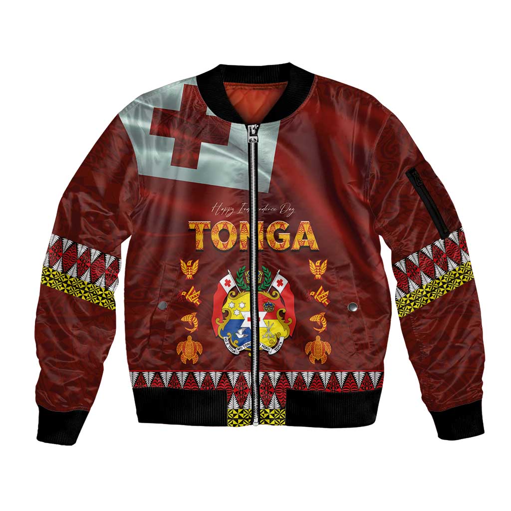 Tonga Independence Day Sleeve Zip Bomber Jacket National Flag and Emblem with Ngatu Art Pattern
