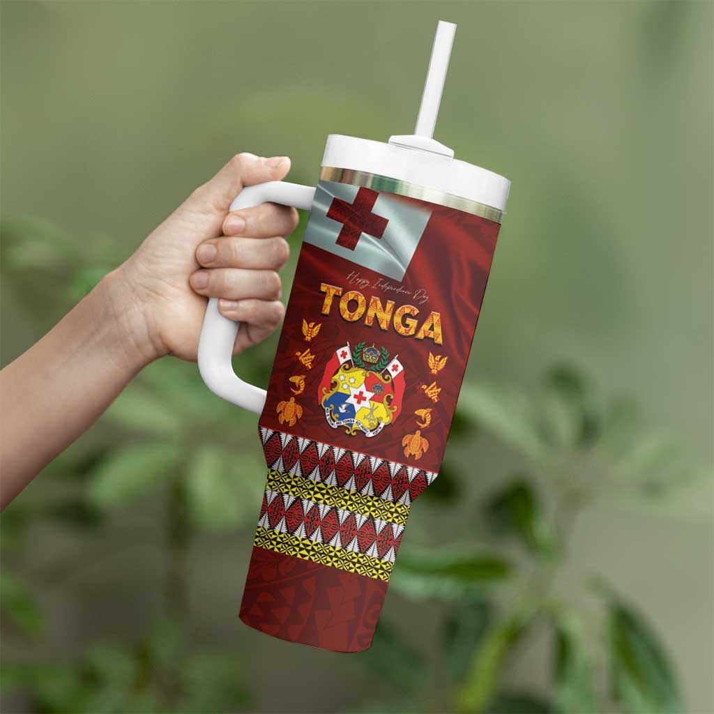 Tonga Independence Day Tumbler With Handle National Flag and Emblem with Ngatu Art Pattern