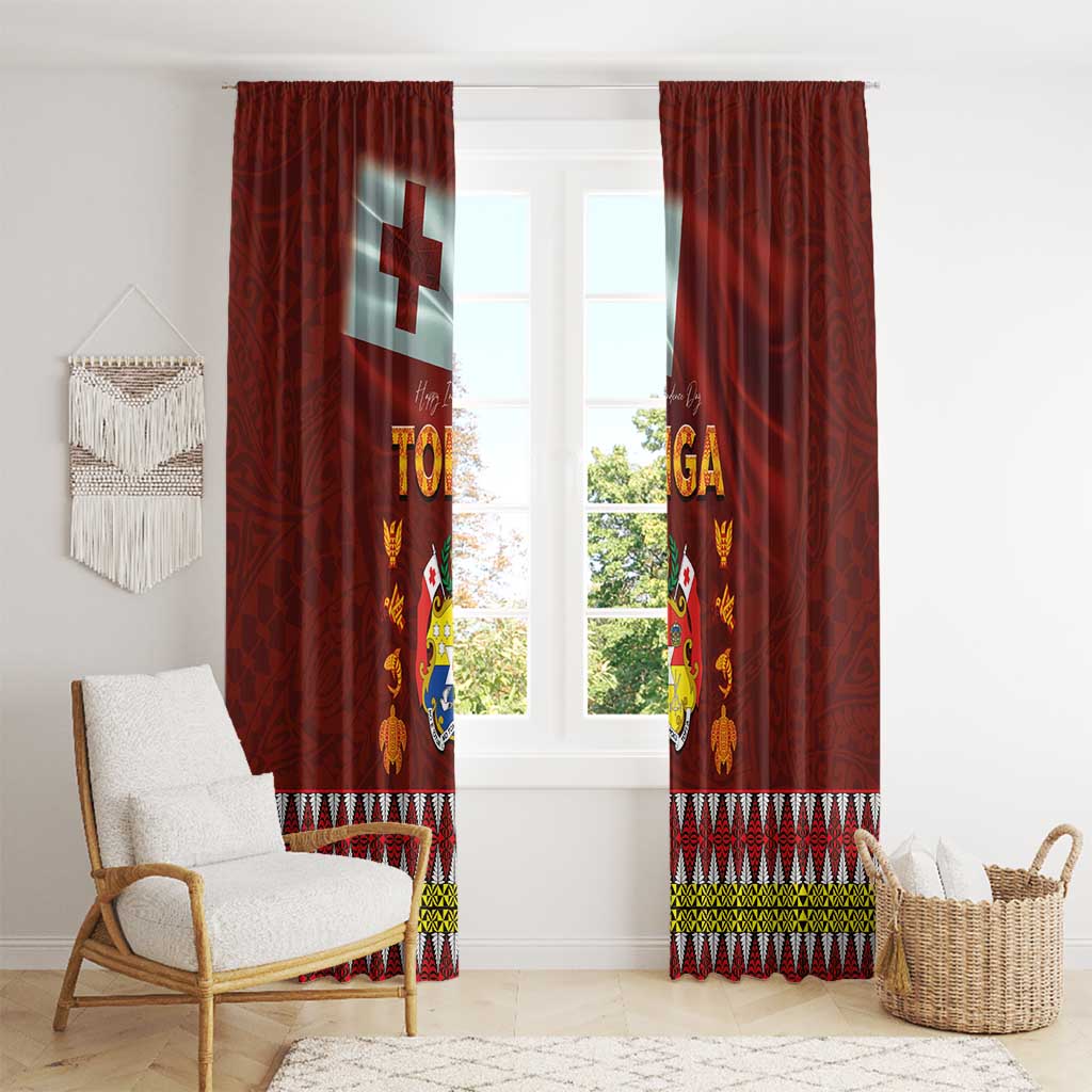 Tonga Independence Day Window Curtain National Flag and Emblem with Ngatu Art Pattern
