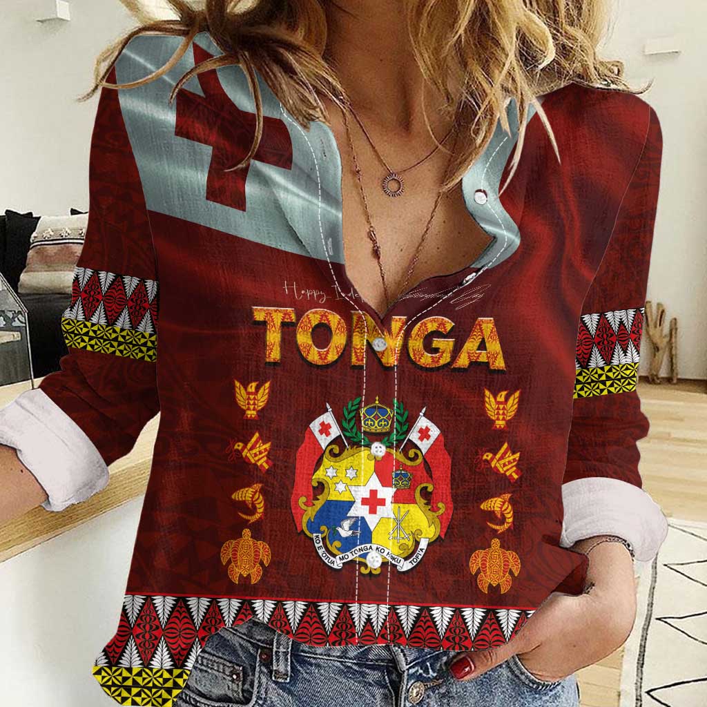 Tonga Independence Day Women Casual Shirt National Flag and Emblem with Ngatu Art Pattern