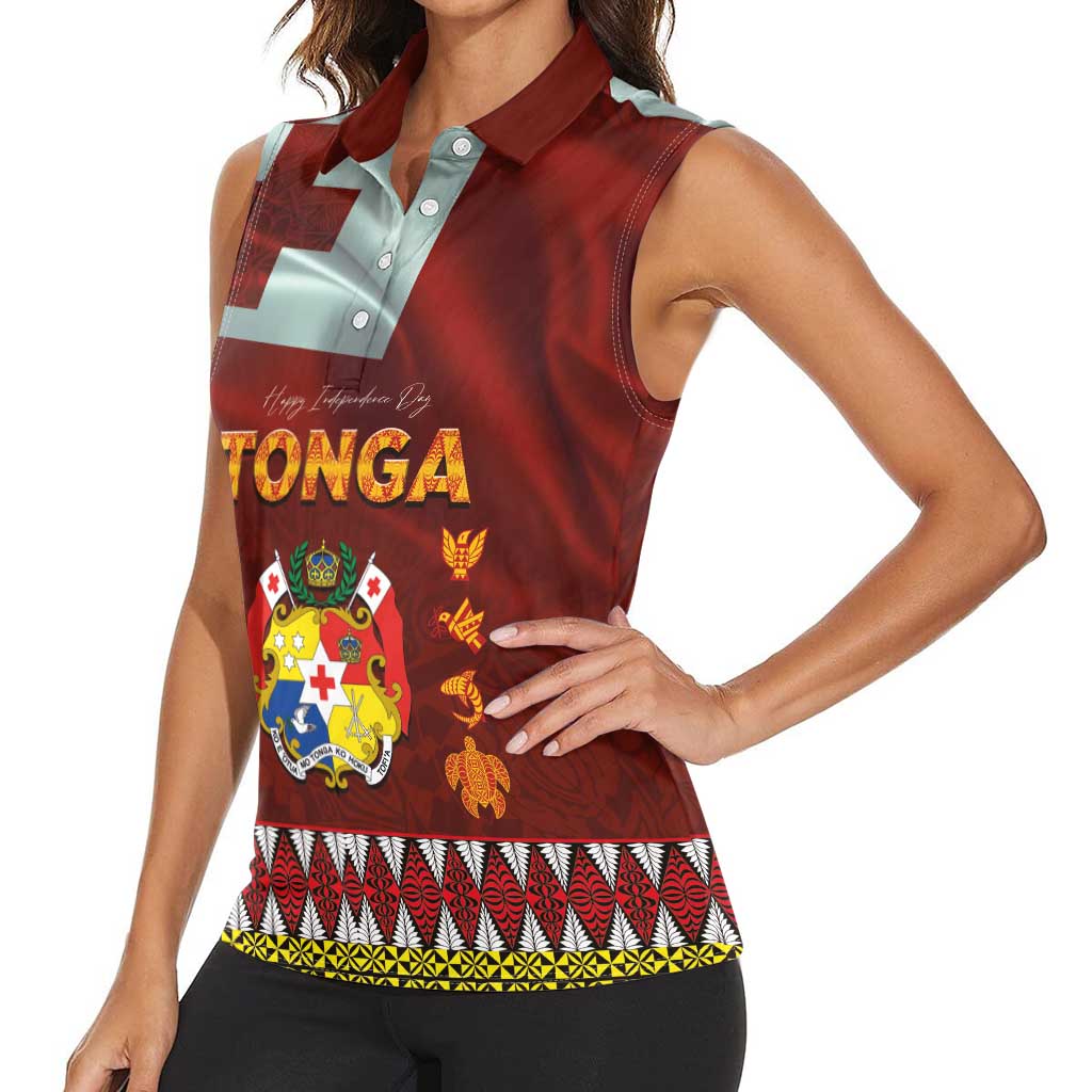 Tonga Independence Day Women Sleeveless Polo Shirt National Flag and Emblem with Ngatu Art Pattern