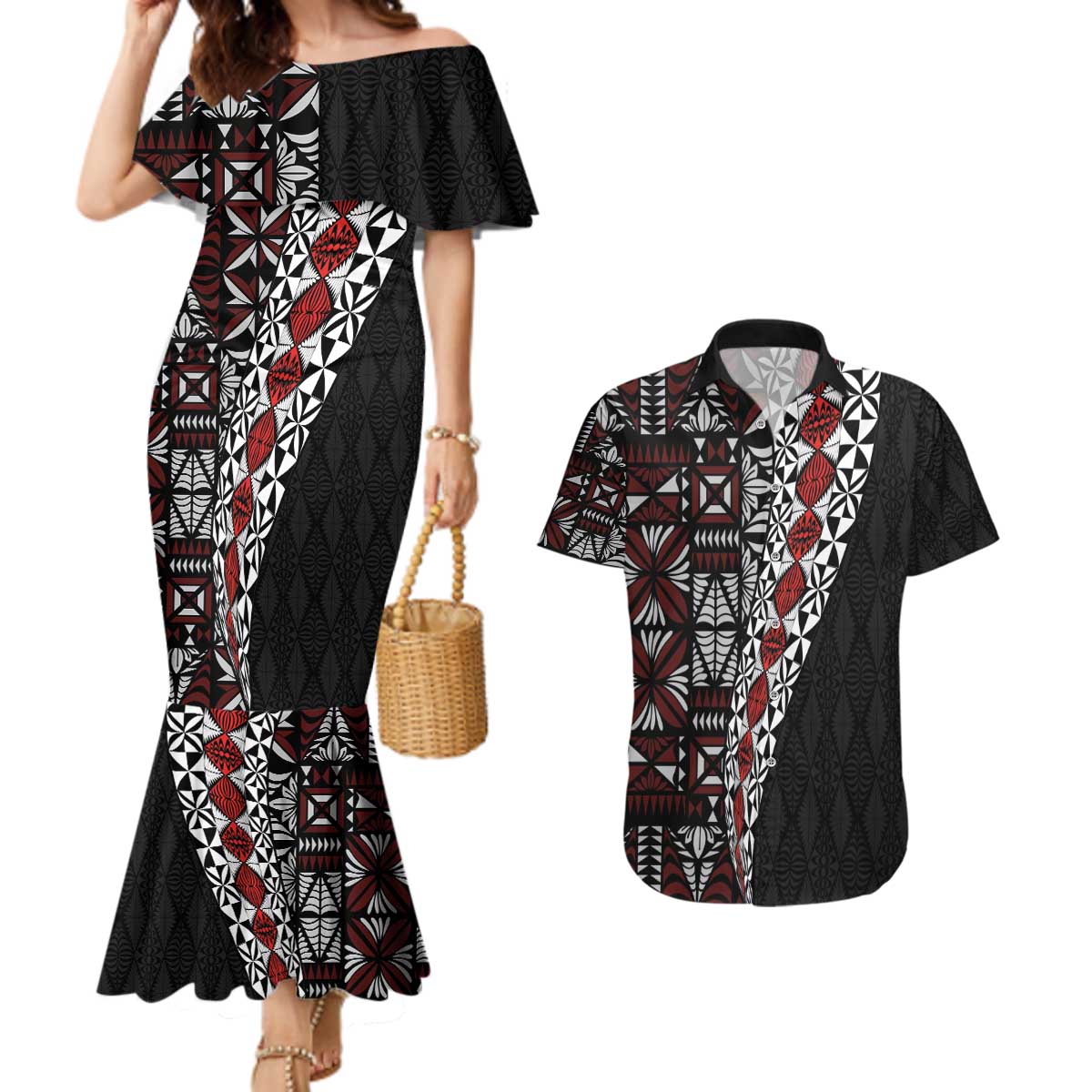 Tonga Ngatu Art Tattoo Polynesian Couples Matching Mermaid Dress and Hawaiian Shirt
