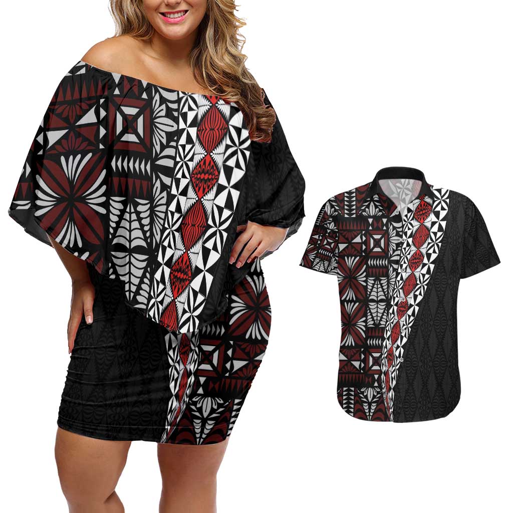Tonga Ngatu Art Tattoo Polynesian Couples Matching Off Shoulder Short Dress and Hawaiian Shirt LT03 Black - Polynesian Pride