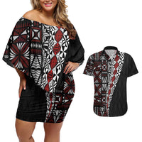 Tonga Ngatu Art Tattoo Polynesian Couples Matching Off Shoulder Short Dress and Hawaiian Shirt LT03 Black - Polynesian Pride