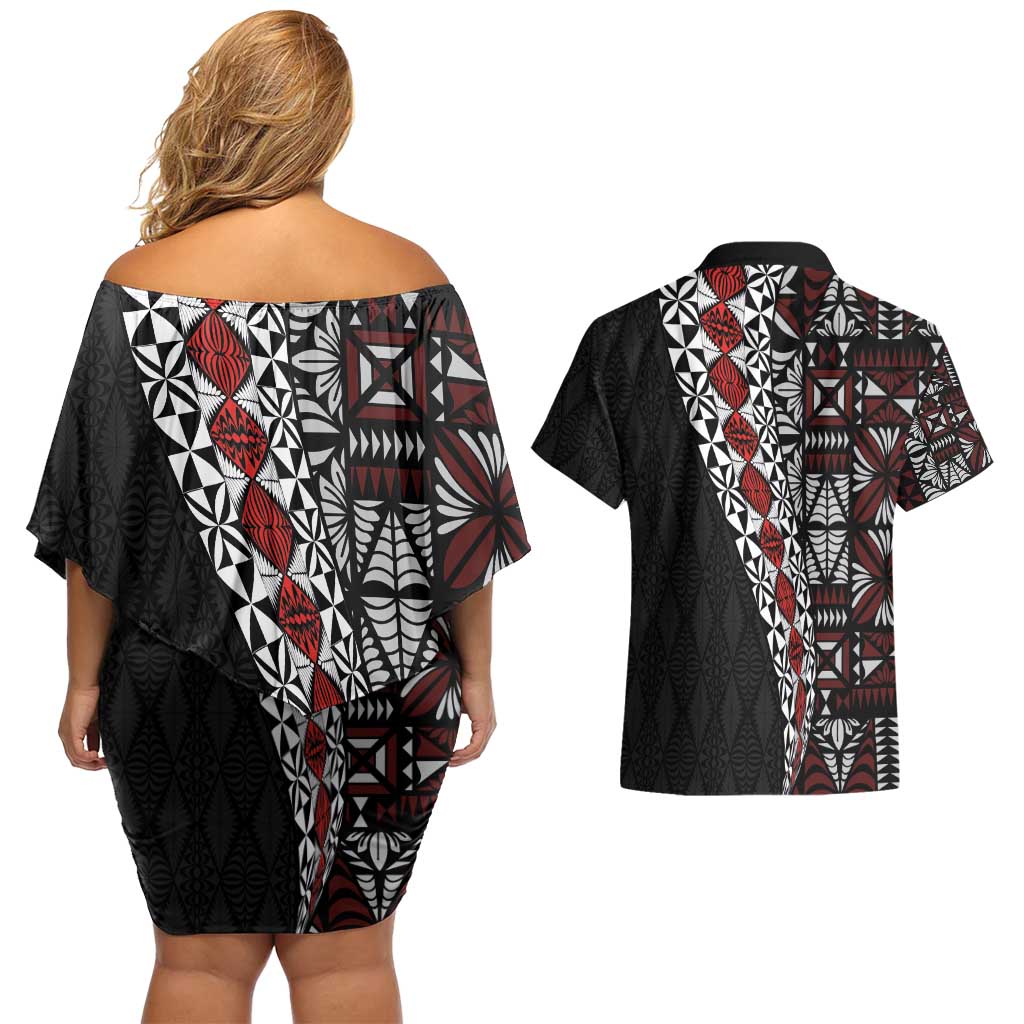 Tonga Ngatu Art Tattoo Polynesian Couples Matching Off Shoulder Short Dress and Hawaiian Shirt LT03 - Polynesian Pride