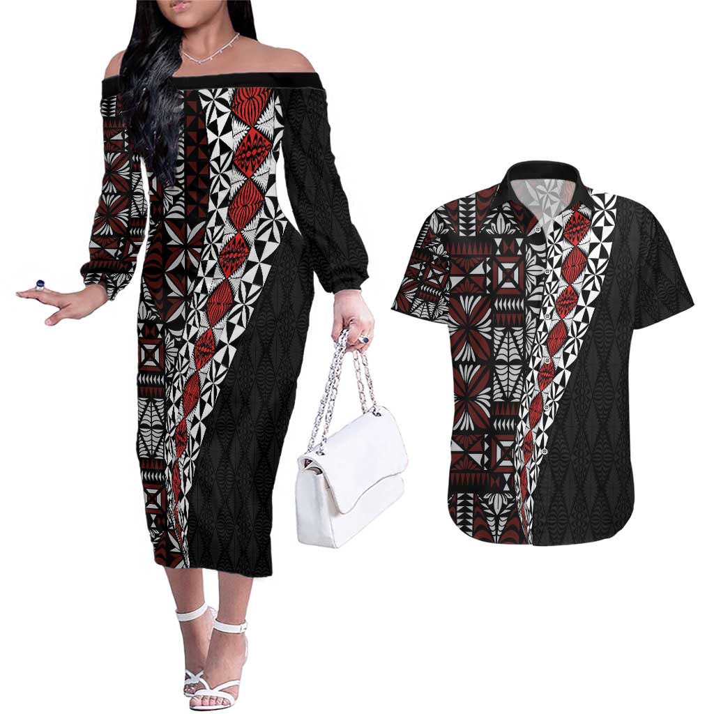 Tonga Ngatu Art Tattoo Polynesian Couples Matching Off The Shoulder Long Sleeve Dress and Hawaiian Shirt