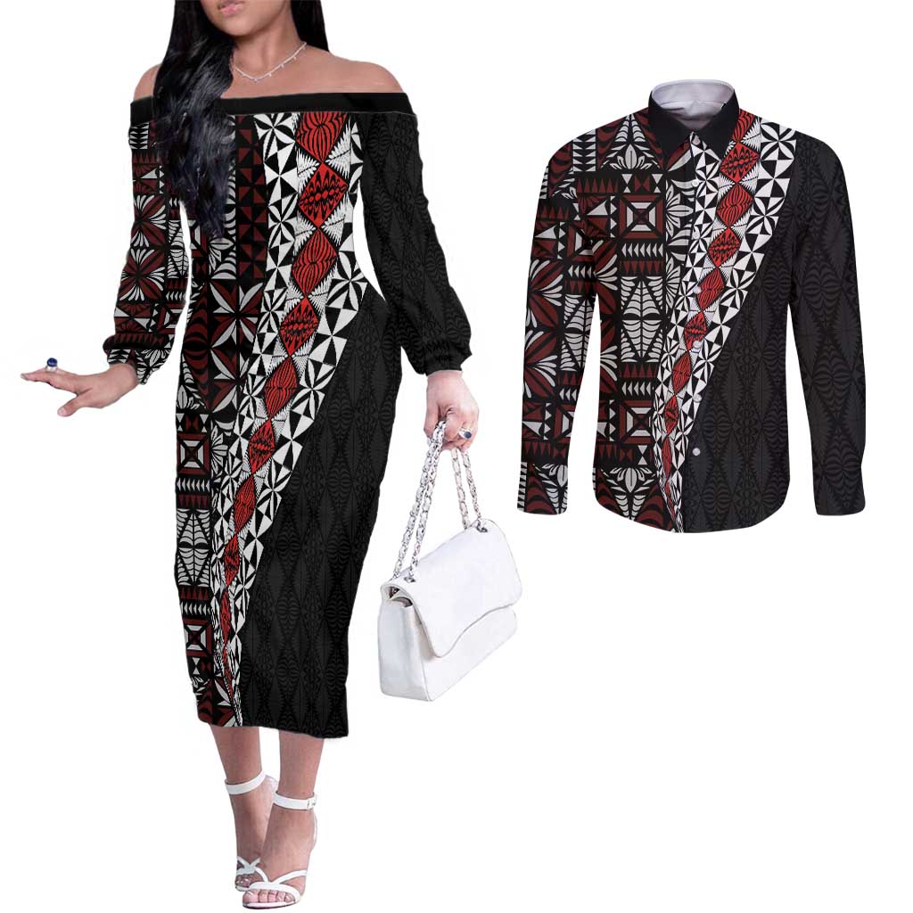 Tonga Ngatu Art Tattoo Polynesian Couples Matching Off The Shoulder Long Sleeve Dress and Long Sleeve Button Shirt