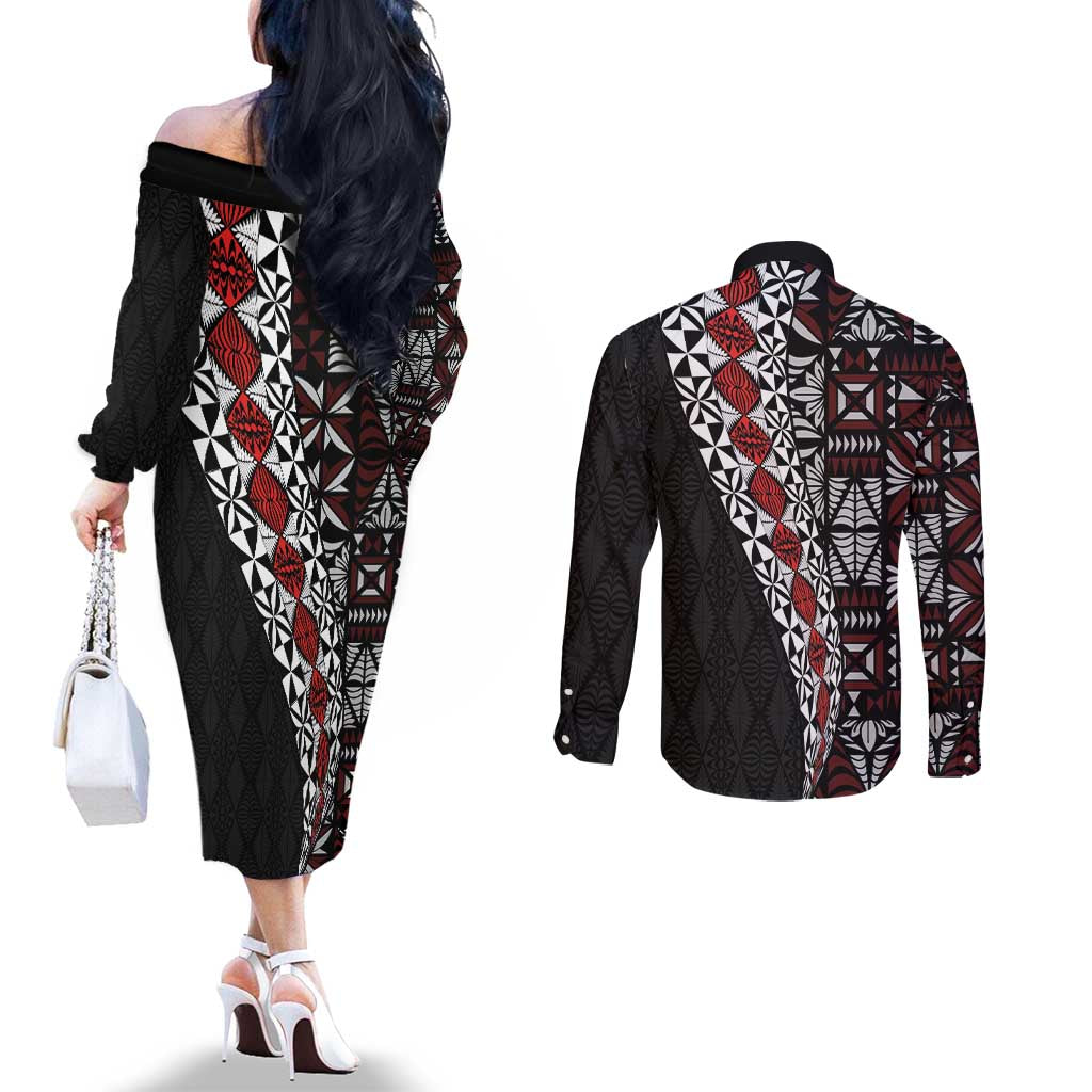 Tonga Ngatu Art Tattoo Polynesian Couples Matching Off The Shoulder Long Sleeve Dress and Long Sleeve Button Shirt
