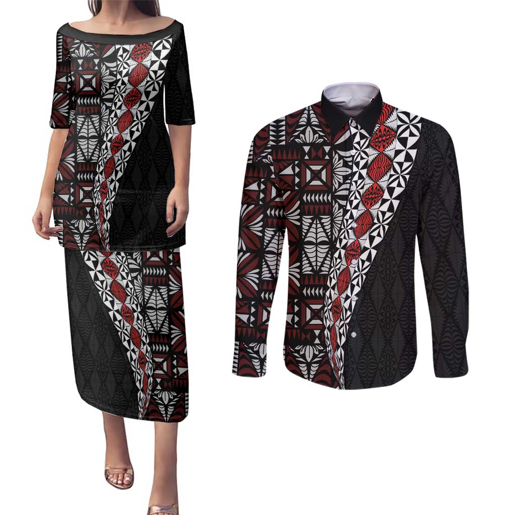 Tonga Ngatu Art Tattoo Polynesian Couples Matching Puletasi and Long Sleeve Button Shirt